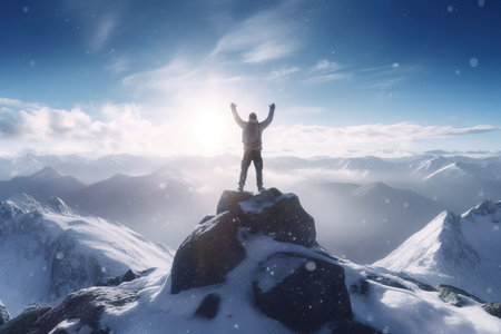 climber standing on top of a mountain, hands up.の素材