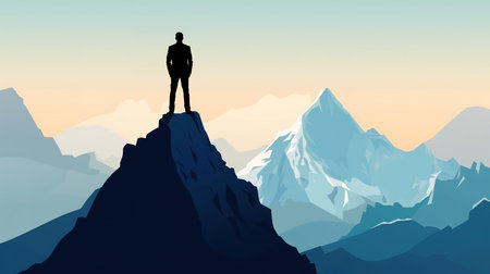 Silhouette of a businessman standing on top of a mountain. illustration art.の素材