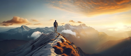 climber standing on top of a snow mountain and looking into the distance.の素材