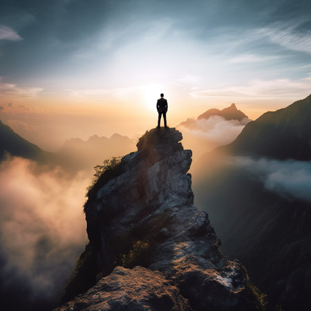 Businessman standing on top of a mountain and looking into the distanceの素材