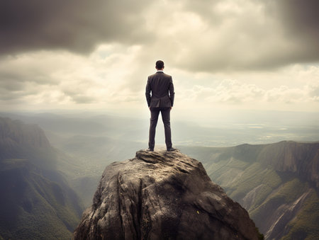 Businessman standing on top of a mountain and look at the beautiful landscapeの素材