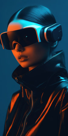 Portrait of a young cyberpunk girl wearing virtual reality goggles. Future technology concept. created with generative AI technology.の素材
