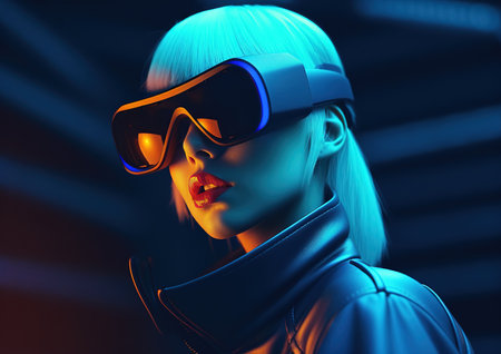 Portrait of a young cyberpunk girl wearing virtual reality goggles. Future technology concept. created with generative AI technology.の素材