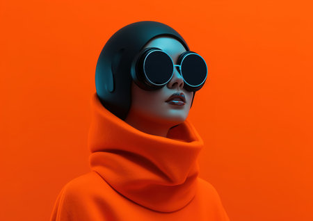 Portrait of a young cyberpunk girl wearing virtual reality goggles. Future technology concept. created with generative AI technology.の素材