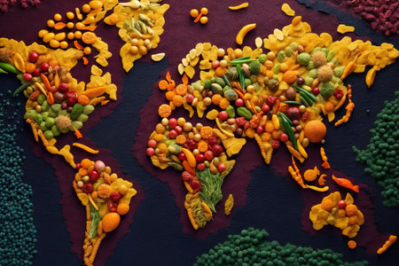 Map of the world with vegetables and fruits.の素材