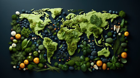 Map of the world with vegetables and fruits.の素材