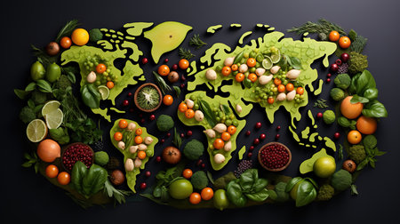 Map of the world with vegetables and fruits.の素材