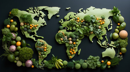 Map of the world with vegetables and fruits.の素材
