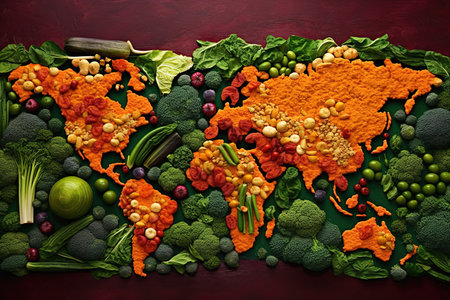 Map of the world with vegetables and fruits.の素材