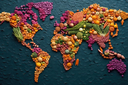 Map of the world with vegetables and fruits.の素材
