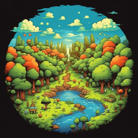 Microscopic Forest with a fantasy island, river, pond and sky in a crystal ballの素材