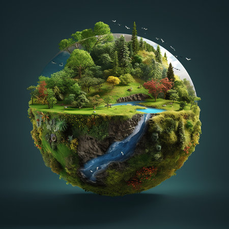 Microscopic Forest with a fantasy island, river, pond and sky in a crystal ballの素材