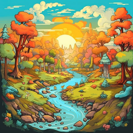 Autumn landscape with river and forest. Colorful cartoon illustration.の素材