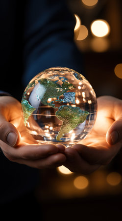 Close up of man holding earth globe in hands.の素材