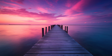 Wooden jetty on the sea at sunset. Beautiful natural backgroundの素材