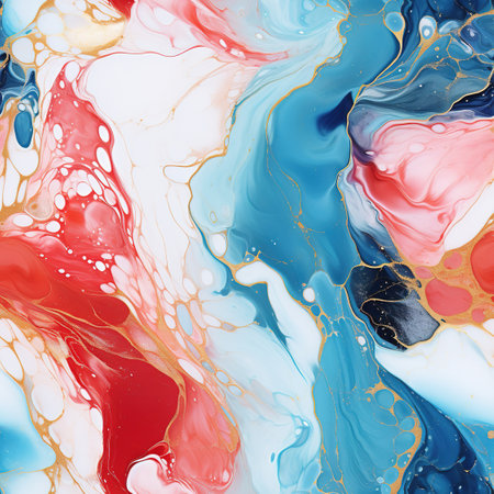 Marbled blue, red and golden abstract background. Liquid marble pattern.の素材