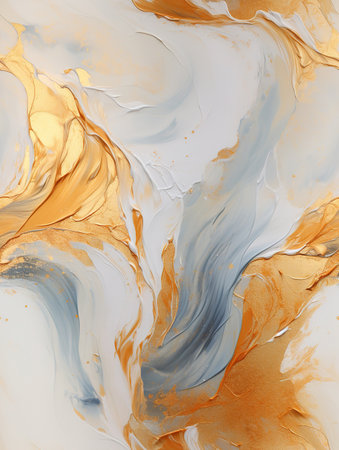 Marbled abstract background with golden and white colors. Liquid marble pattern.の素材