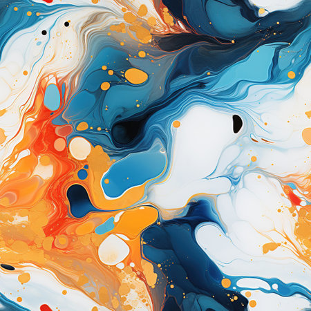 Marbled blue, orange and yellow abstract background. Liquid marble pattern.の素材