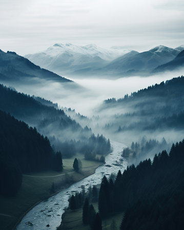 Foggy mountain landscape with a river in the valley at dawnの素材