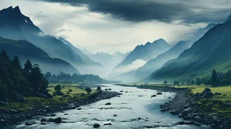 Foggy mountain landscape with a river in the valley at dawnの素材