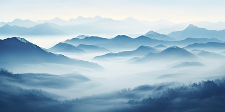 Foggy landscape with mountains and blue sky.の素材