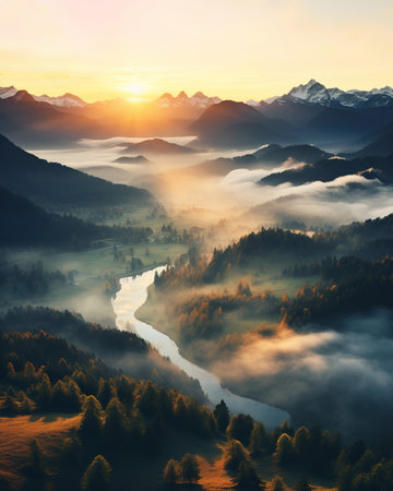 Foggy mountain landscape with a river in the valley at dawnの素材