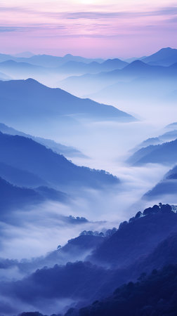 Foggy landscape with mountains and blue sky.の素材