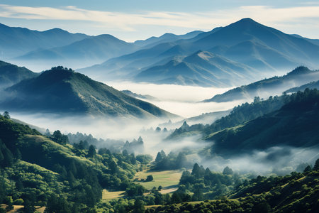 Mountain range with visible silhouettes through the morning fog.の素材