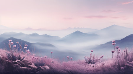 Digital composite of Pastel pink flowers in the meadow with mountainsの素材