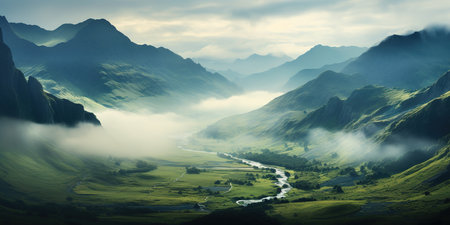 Foggy mountain landscape with a river in the valley at dawnの素材