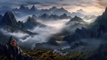 Mountain landscape with snow and clouds at sunset.の素材