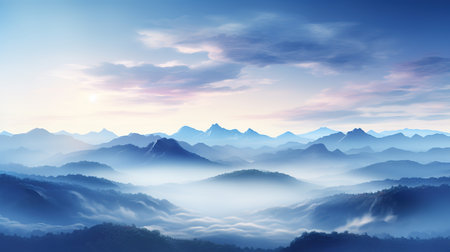 Foggy landscape with mountains and blue sky.の素材