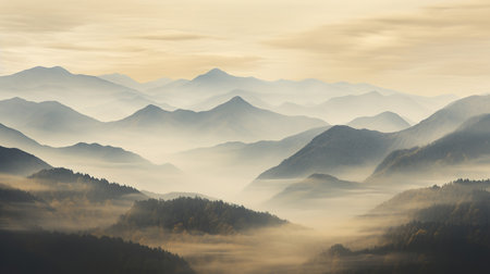 Mountain landscape at sunrise. Colorful natural scenery with fog in the mountains.の素材