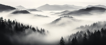 Foggy landscape with mountains. black and white.の素材