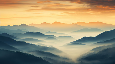 Mountain landscape at sunrise. Colorful natural scenery with fog in the mountains.の素材