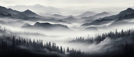 Foggy landscape with mountains. black and white.の素材