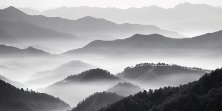 Foggy landscape with mountains. black and white.の素材