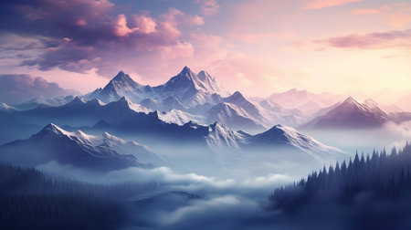 Mountain landscape with snow and clouds at sunset.の素材