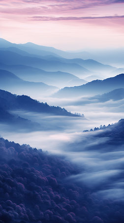 Mountain landscape with fog in the morning. Beautiful natural background.の素材