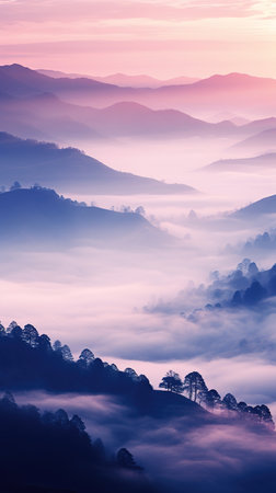 Foggy landscape with mountains and blue sky.の素材