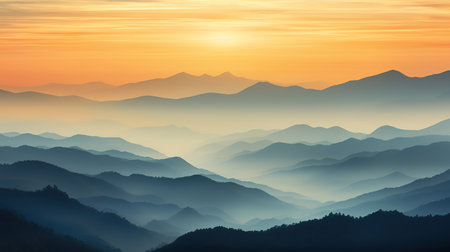Mountain landscape at sunrise. Colorful natural scenery with fog in the mountains.の素材
