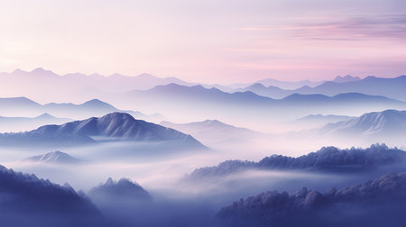Foggy landscape with mountains and blue sky.の素材
