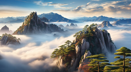 Fantasy landscape with pine trees and mountains in the clouds.の素材