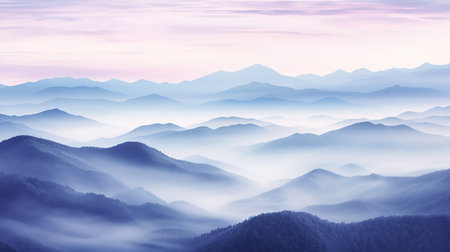 Foggy landscape with mountains and blue sky.の素材