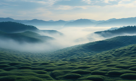 Landscape of green field and mountain with fog in the morning at sunrise.の素材
