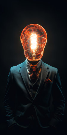 Idea concept. Man in suit with glowing brain of lamp on dark background.の素材
