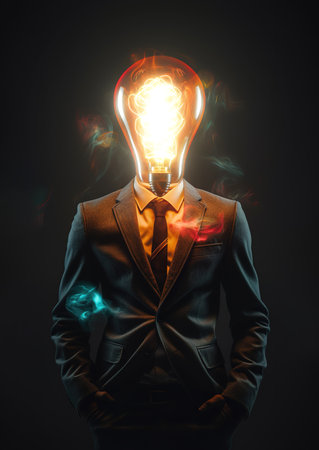 Idea concept. Man in suit with glowing brain of lamp on dark background.の素材