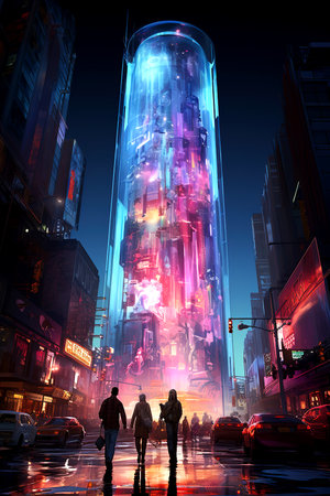 Man and woman walking in New York City at night. 3D renderingの素材