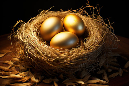 Golden eggs in bird's nest on dark background.の素材