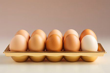 Fresh brown chicken eggs and one white egg in a metal egg box.の素材